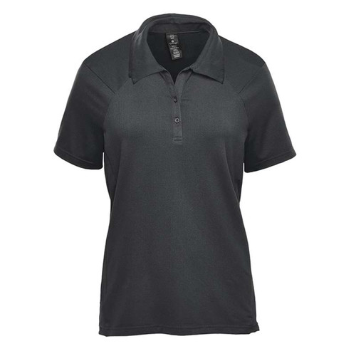 A women's short sleeve polo in black, featuring a collar and buttons, with a logo on the chest.