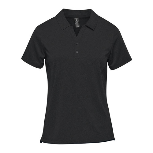 A black women's performance short sleeve polo with a classic collar and button placket, featuring a logo.