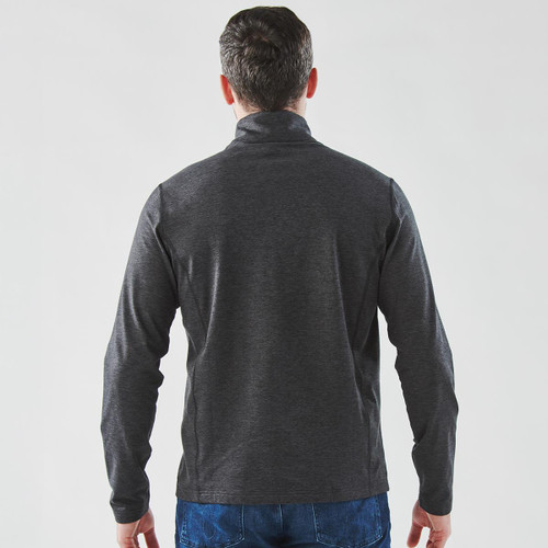 A men's quarter-zip pullover in dark grey, featuring a high collar and long sleeves, with a logo on the back.