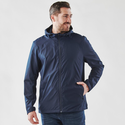 A men's rain jacket in navy blue, featuring a hood and a zip-up front, displayed on a model. Contains a logo.