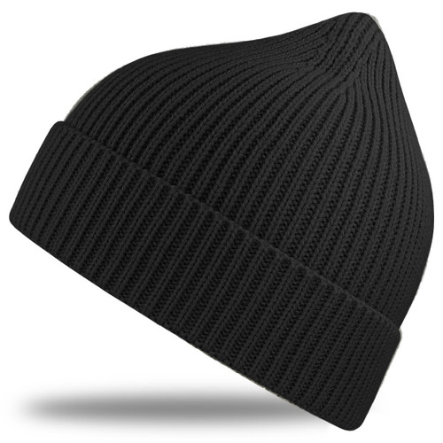 A black ribbed beanie with a pointed top, featuring a logo on the side.