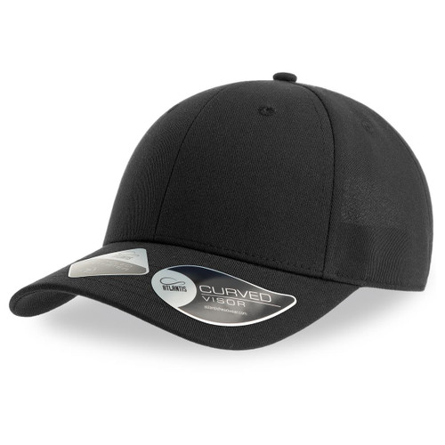 A black cap with a curved visor and a logo on the side, designed for headwear.