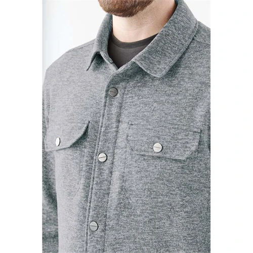 A grey unisex fleece shacket featuring a collared neckline and two chest pockets, with button detailing.
