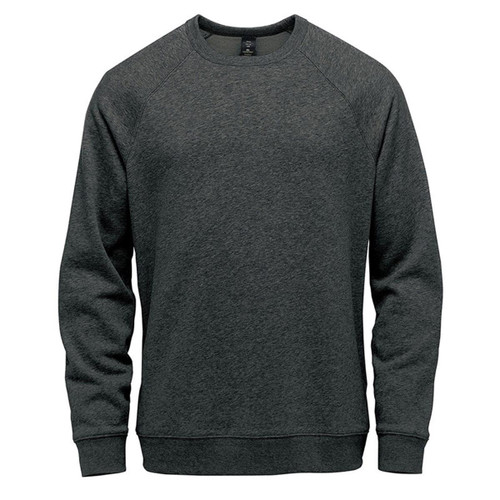 A dark grey crew neck sweater with long sleeves and a simple design, featuring a logo on the front.