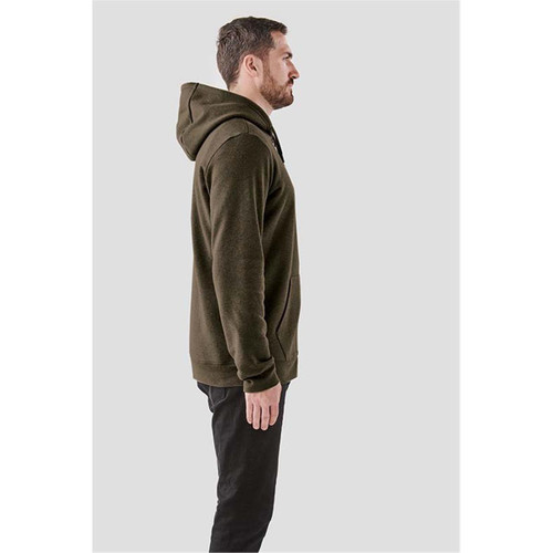 A side view of a man's olive green fleece full zip hoodie, featuring a hood and front pockets.