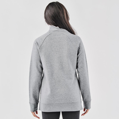 A grey cowl neck pullover is displayed, featuring a relaxed fit and long sleeves. It includes a logo.