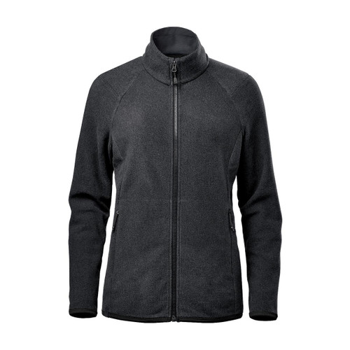 A women's full zip jacket in dark grey with a high collar and two side pockets. It features a logo.