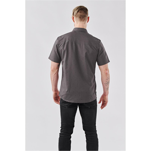 A grey button-up shirt with a subtle pattern, featuring short sleeves and a collar, viewed from the back.