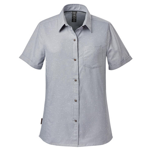 A light blue button-up shirt with short sleeves and a chest pocket, featuring a logo.