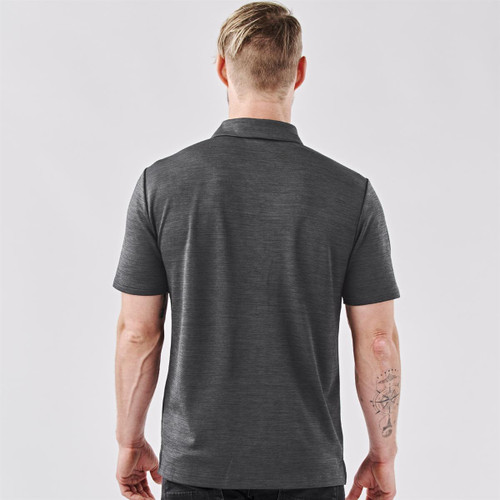 A men's polo shirt in dark grey, featuring a classic collar and a logo on the back.