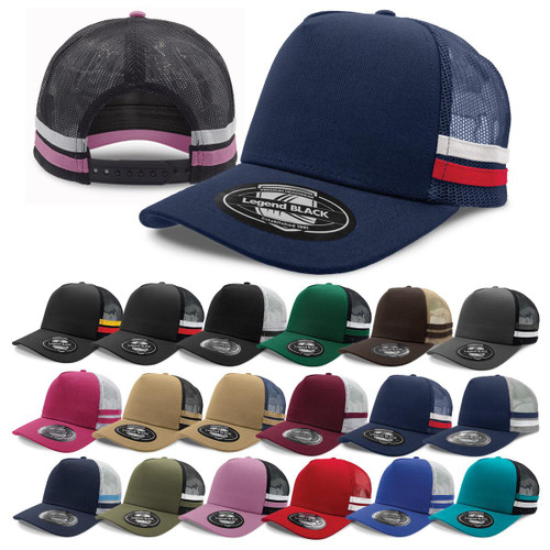 A Striped Trucker cap in navy with mesh panels, featuring a branded patch, available in various colours.