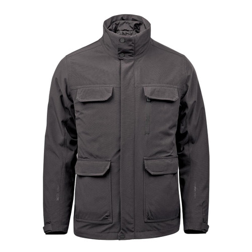 A dark grey men's jacket with multiple pockets and a high collar, featuring a logo on the side.
