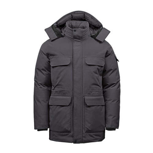 Men's Denali Parka in dark grey, featuring multiple pockets and a hood. The jacket has a logo on one sleeve.