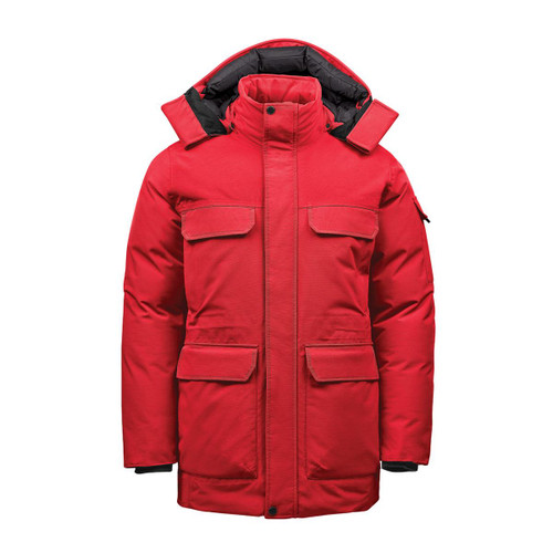 A red men's parka jacket with a hood, featuring multiple front pockets and a sleek design.