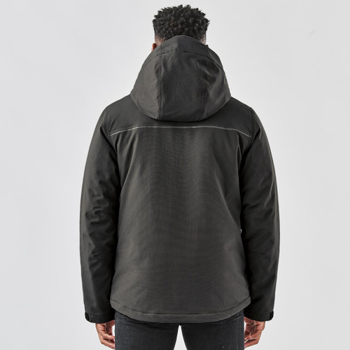 A black men's thermal jacket featuring a hood, showing the back view and a slight logo detail.
