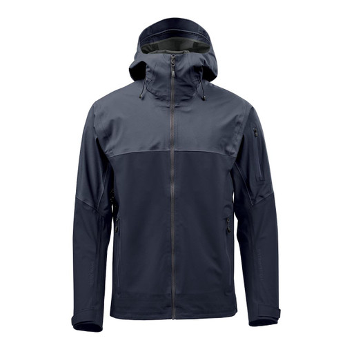 A dark grey rain jacket with a hood, featuring zippered pockets and a sleek design. It has a branding logo on it.