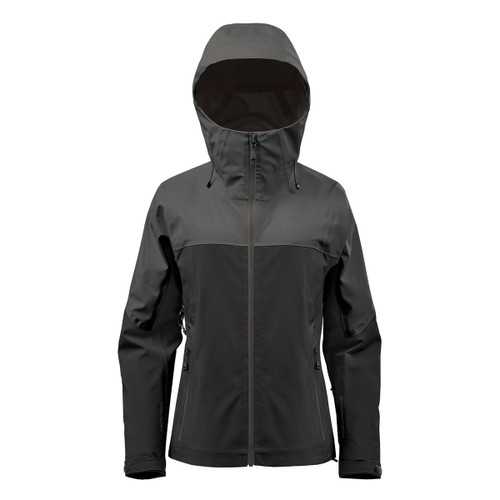 A women's jacket in dark green and black, featuring a hood and a logo on the design.