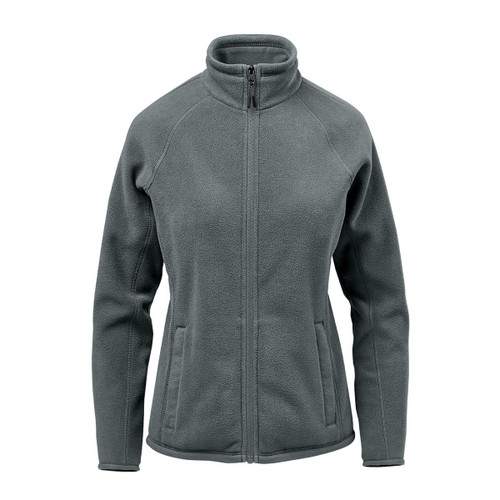 A green women's fleece jacket featuring a high collar and zip front, with side pockets and a logo.
