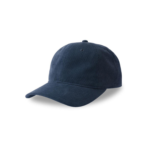 A navy blue corduroy cap with a curved brim and a logo on the front.