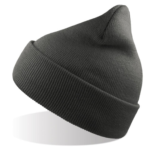 A grey beanie made from recycled polyester, featuring a ribbed texture and a folded cuff. It has a logo on it.