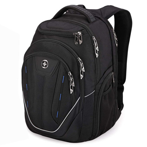 A black Swissdigital Terabyte Backpack features multiple zippers and compartments, with a logo on the front.