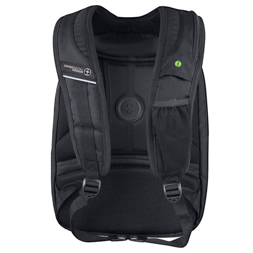 A black Swissdigital Terabyte Backpack featuring padded straps and multiple compartments, with a logo on the front.