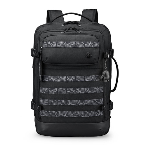 A black backpack with a patterned front panel and multiple pockets. It features adjustable straps and a logo.