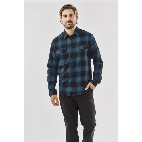 Men’s button-up shirt in navy blue with a check pattern, featuring two chest pockets and a logo.
