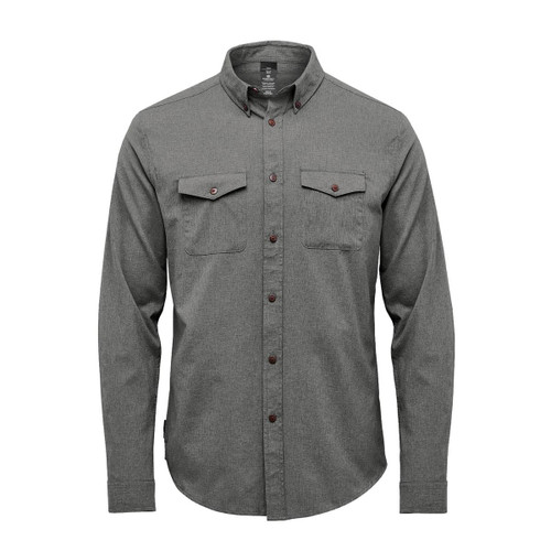 A green long-sleeve men's shirt with buttoned chest pockets and a collar, featuring a logo.