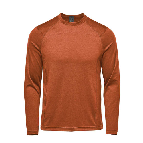 A long sleeve crew neck shirt in a rich rust colour, featuring raglan sleeves and a logo.