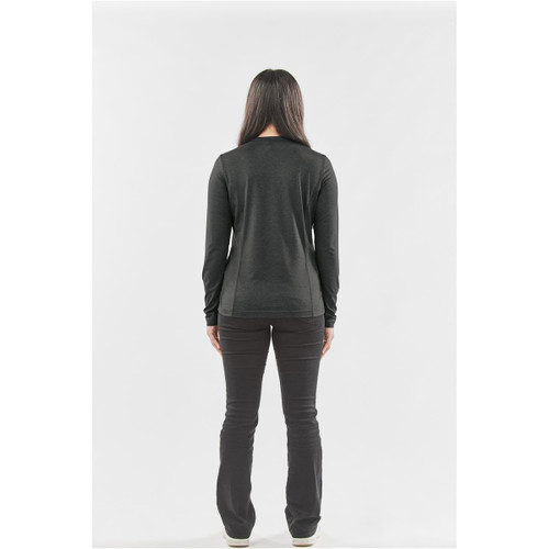 A black long-sleeve crew neck shirt worn by a woman, viewed from the back. The image features a logo on the shirt.
