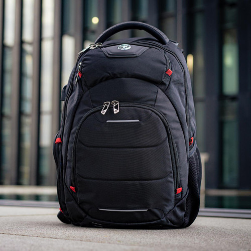 A black backpack with red accents, featuring multiple compartments and a logo on the front.