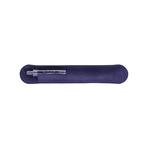 A purple pen pouch containing a silver pen, featuring a logo on the exterior.