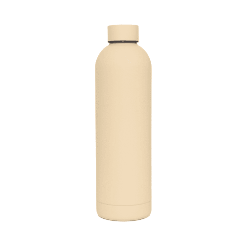 A drink bottle in a soft beige colour with a double wall design and a logo on the side.