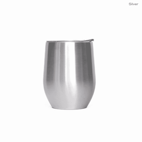 A stainless steel travel mug with a sleek, polished silver finish and a lid.