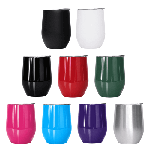 A collection of Kosmo metal coffee cups in various colours: black, white, red, green, blue, pink, purple, and stainless steel. Each cup has a lid and features a logo.