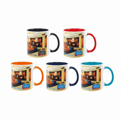 A drinkware collection featuring five two-tone sublimation mugs in black, red, orange, and blue with a logo.