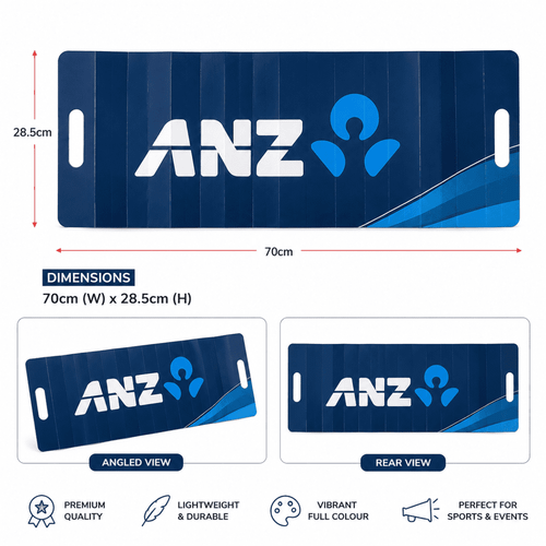 A blue cardboard clapper with a logo, featuring a lightweight and durable design for events.