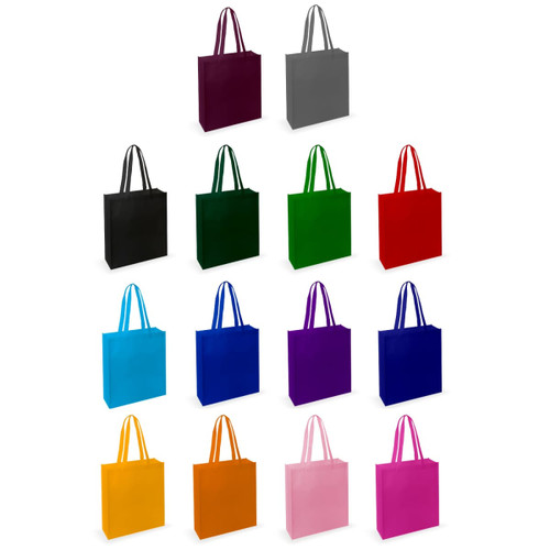 A collection of tote bags in various colours, including grey, black, green, red, blue, purple, yellow, orange, and pink, with straps.