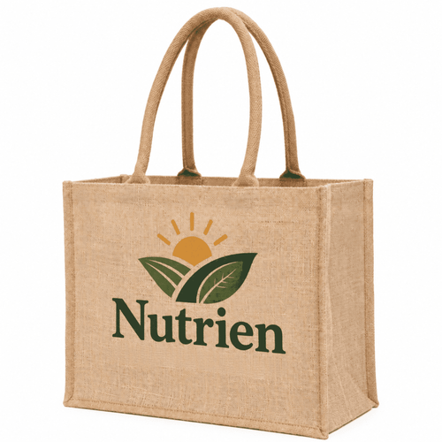 A beige laminated jute supermarket bag with two handles and a logo featuring leaves and a sun.