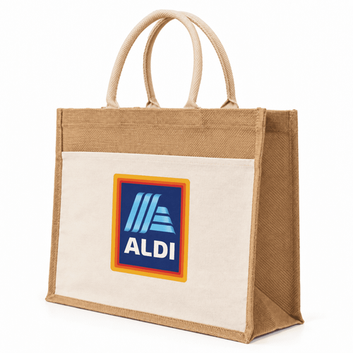 A jute beach bag in brown with cotton handles and a front pocket, featuring a logo.