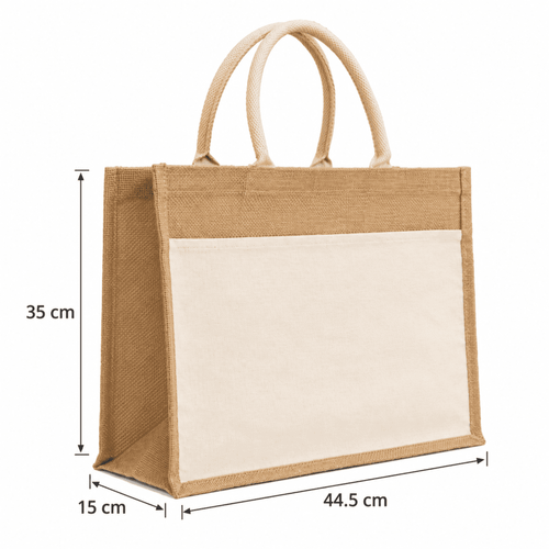 A jute beach bag featuring cotton handles and a front pocket, in natural brown and cream colours.
