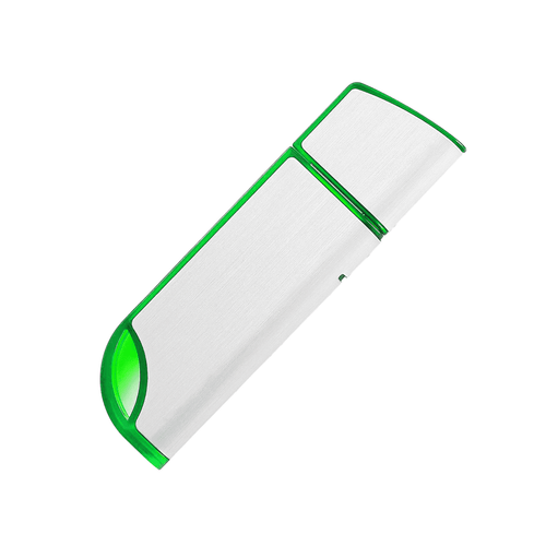 A silver and green USB flash drive with a sleek design and a logo on its surface.