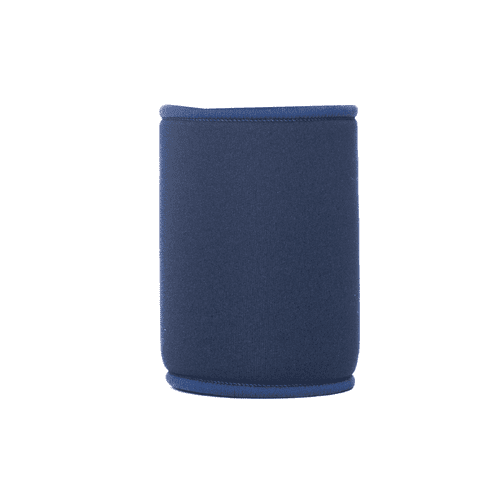 A navy blue neoprene stubby cooler with a contrasting top seam, featuring a discreet logo.