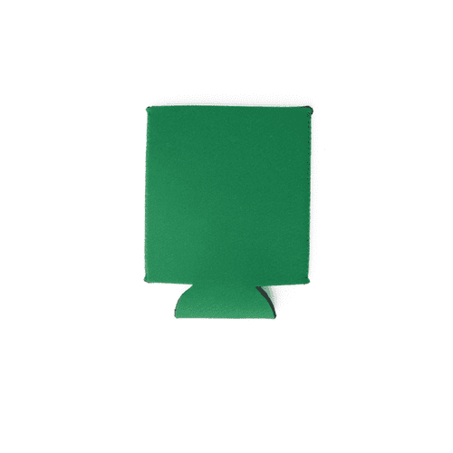 A green neoprene stubby cooler, featuring a collapsible design and a logo. Ideal for keeping drinks cold.