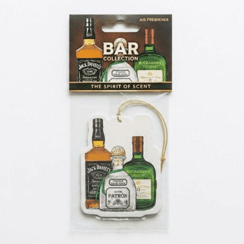 A pack of custom air fresheners featuring designs of various liquor bottles in vibrant colours.