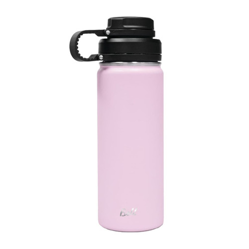 A drink bottle in pink with a black infuser lid and a logo. Ideal for a variety of beverages.
