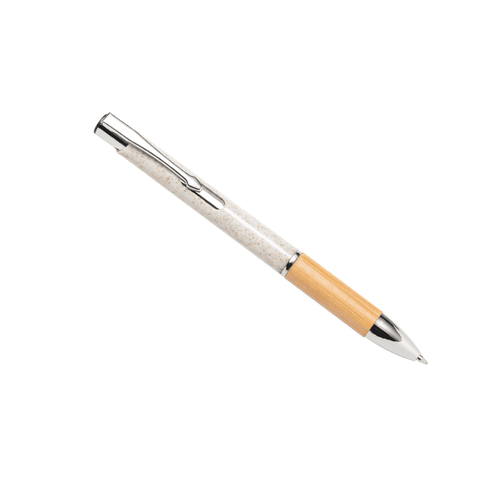 A bamboo grip pen with a wheat straw barrel and chrome accents, featuring a logo on its side.