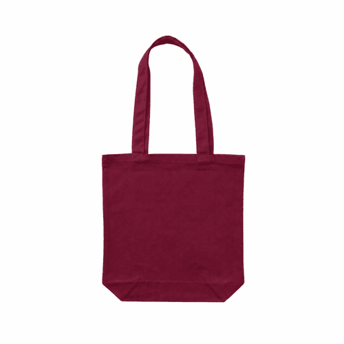 A maroon canvas tote bag with two shoulder straps and a plain design. It features a logo on one side.