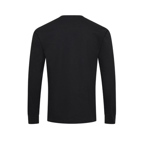 A black long sleeve t-shirt featuring a simple design and a logo on the back.